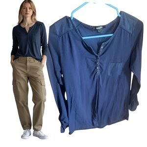 Jennyfer Navy Blue Henley Top M Long Sleeve Button Front Pocket Y2K Utility